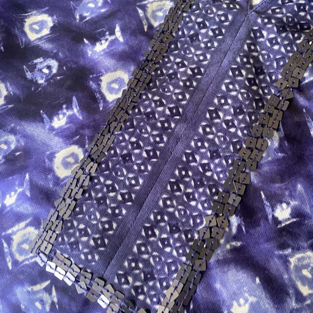 Chicos L Sheer Blue Artsy Sequin V-neck 3/4 Sleeve Tunic Blouse Boho Festival - Picture 8 of 13